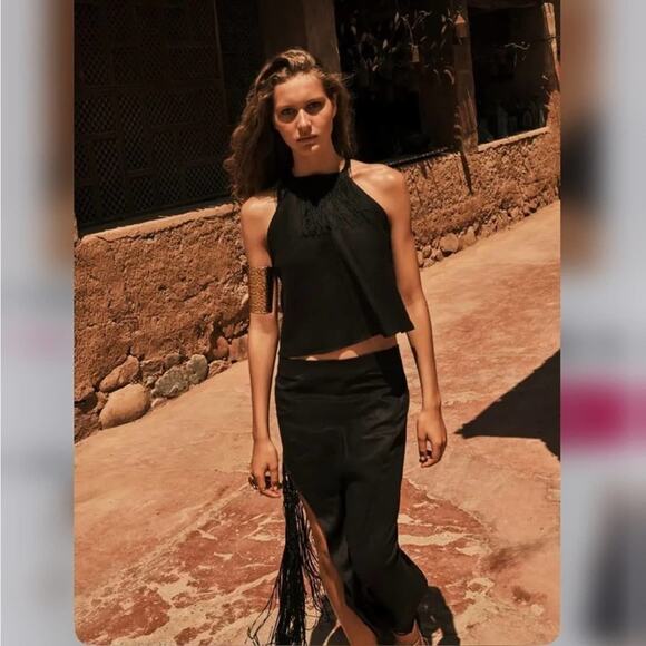 Zara Black Midi Skirt with Fringe Detail - Picture 5 of 13
